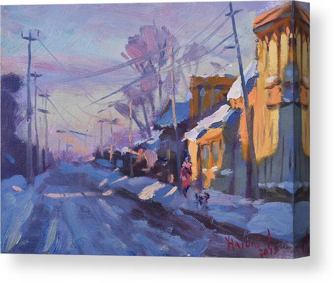 Snow Canvas Print featuring the painting Sunset in a snowy street by Ylli Haruni