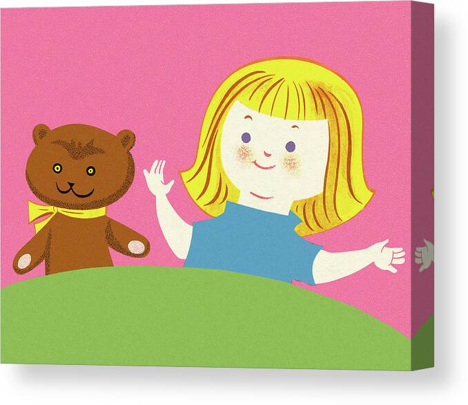 Blond Canvas Print featuring the drawing Teddy Bear and Girl at a Table by CSA Images
