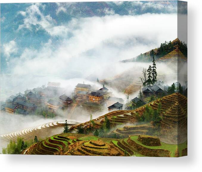 Chinese Culture Canvas Print featuring the photograph Terraced Rice Field And Village In The by Yuenwu