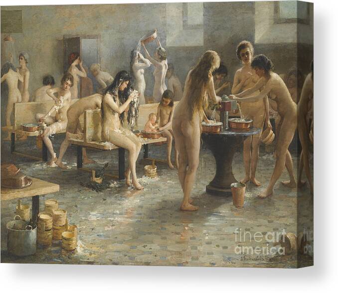 Spa Canvas Print featuring the drawing The Bath House. Artist Plotnikov by Heritage Images