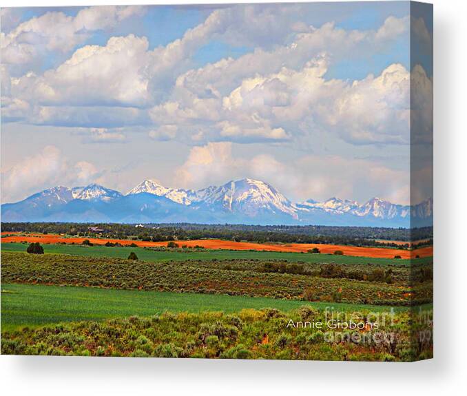 The La Sals Seen From The Dover Creek Area ...spring Time There Is Still Snow On The Mountains ! Canvas Print featuring the digital art The La Sals seen from the Dove Creek area by Annie Gibbons