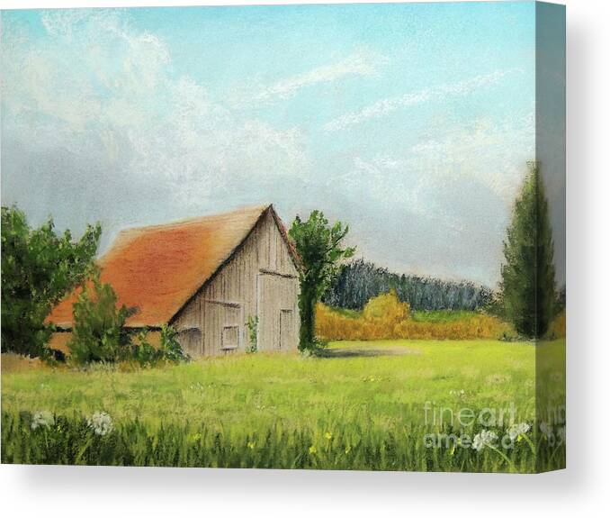 Old Barn Canvas Print featuring the pastel The Old Barn in the Meadow by Jayne Wilson