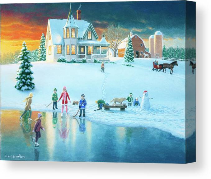 Country Home Canvas Print featuring the painting The Skating Pond by Richard Burns