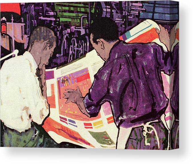 Adult Canvas Print featuring the drawing Two Men Looking at Newpaper by CSA Images