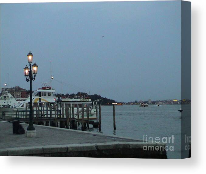 Venice Canvas Print featuring the photograph Venice Italy San Marco Square Pier Promenade at Sundown Sunset Light Pole Panoramic View by John Shiron