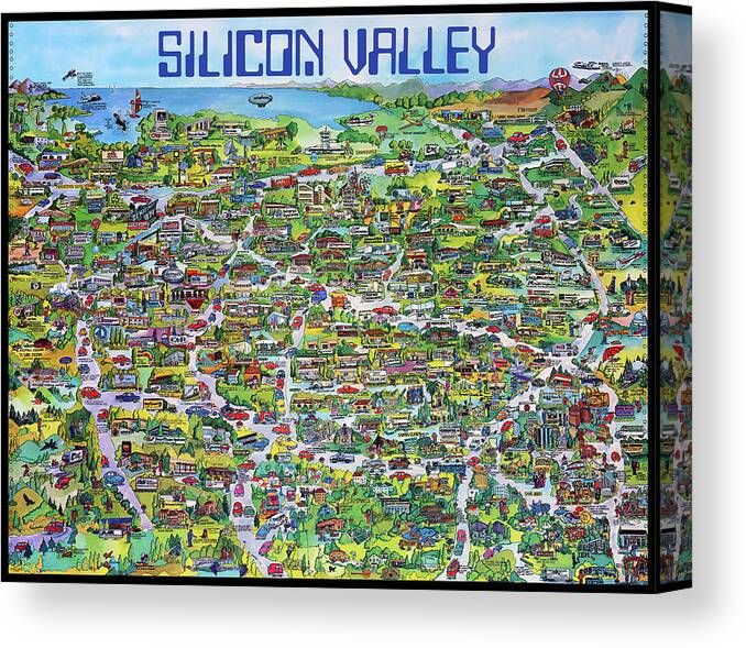 Silicon Valley Canvas Print featuring the mixed media Vintage 1982 Silicon Valley USA Poster Print, Shows Many Historic Companies and Places by Kathy Anselmo