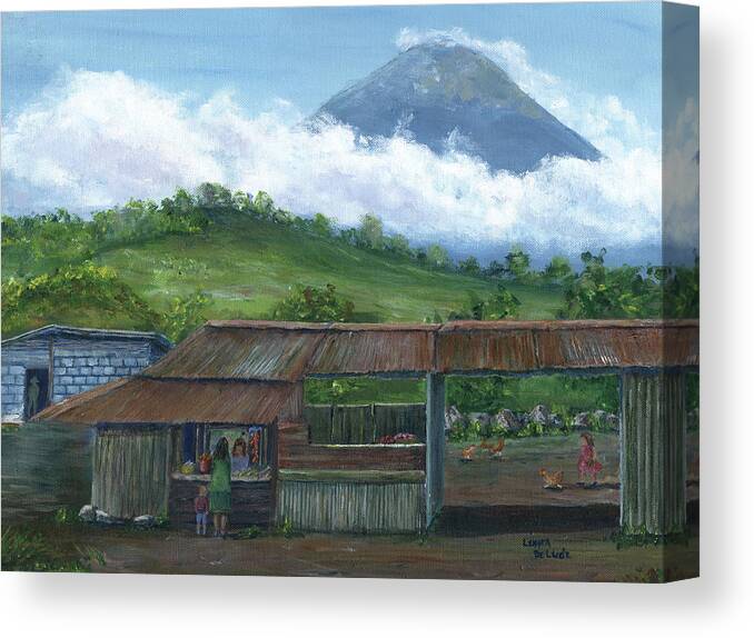 Guatemala Canvas Print featuring the painting Volcano Agua, Guatemala, with Fruit Stand by Lenora De Lude
