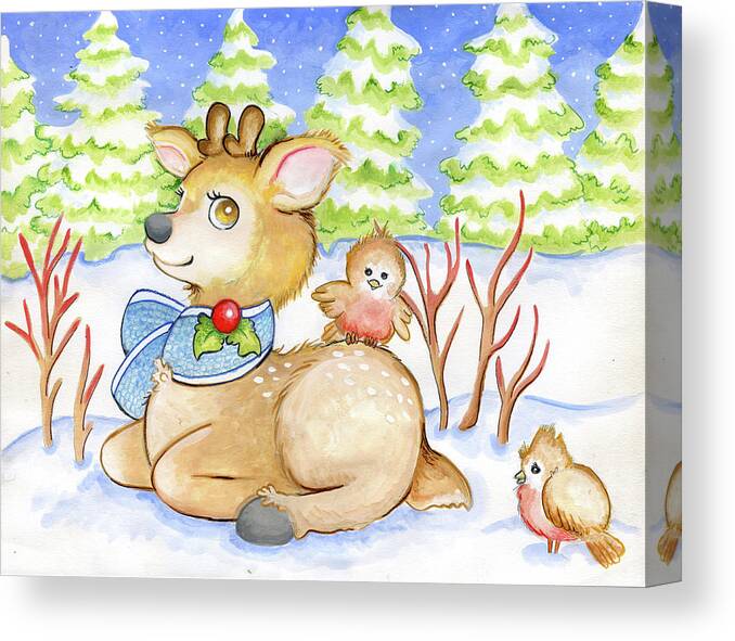 Baby Deer Canvas Print featuring the mixed media Winter Friends by Valarie Wade