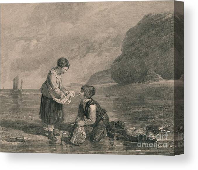 Engraving Canvas Print featuring the drawing Young Shrimp Catchers by Print Collector