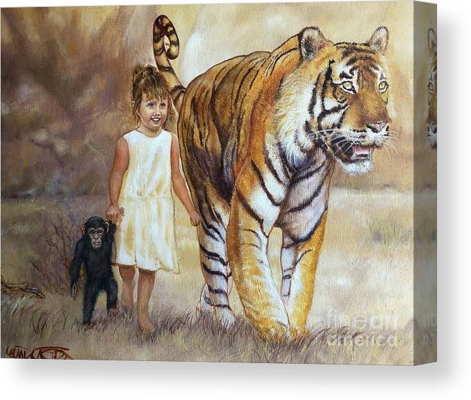 Oil Painting Canvas Print featuring the painting Zaiden, Lexi and Dylan Morning Stroll by Leland Castro