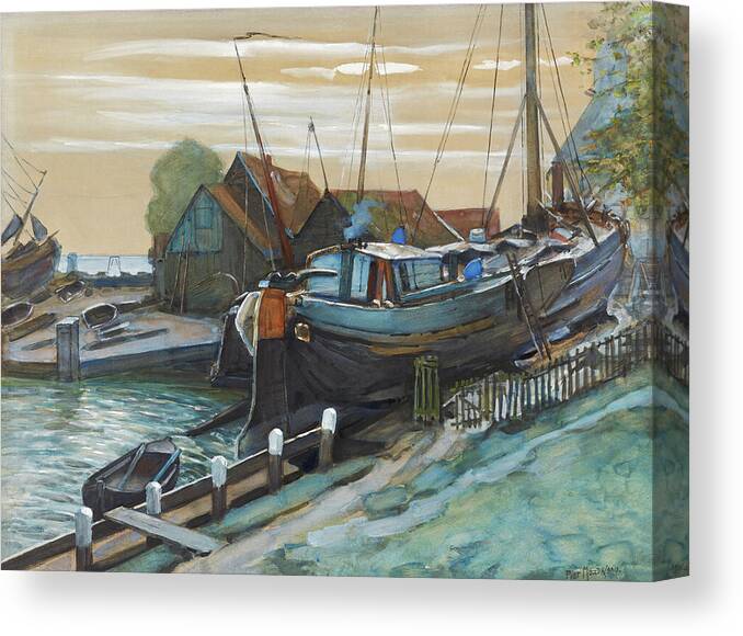 Harbor Canvas Print featuring the painting Drydock at Durgerdam by Piet Mondrian #1 by Mango Art