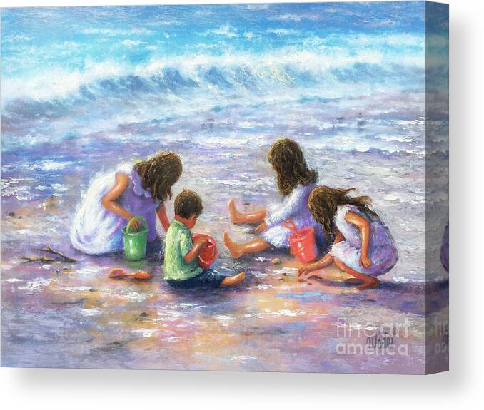 Beach Children Canvas Print featuring the painting Finding Sea Shells Four Children #1 by Vickie Wade