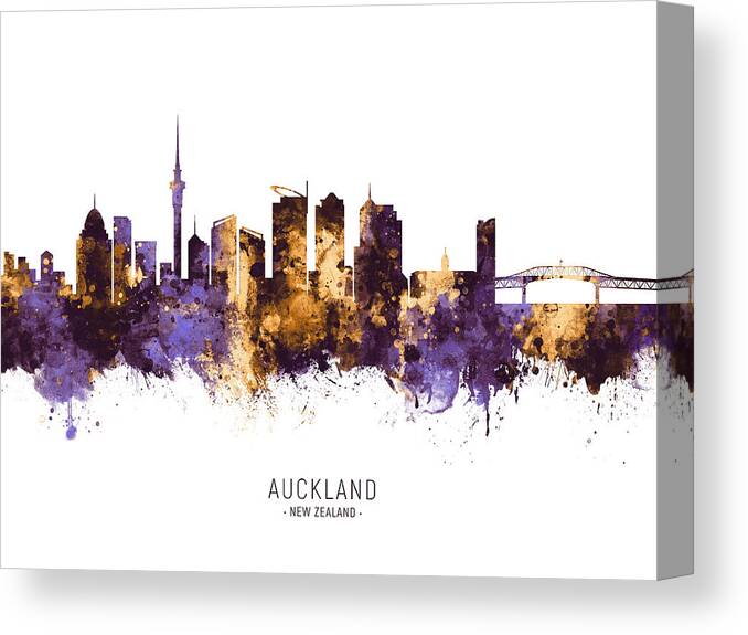 Auckland Canvas Print featuring the digital art Auckland New Zealand Skyline #15 by Michael Tompsett