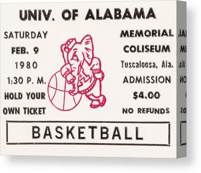 Alabama Canvas Print featuring the mixed media 1980 Alabama Basketball Ticket Stub Art by Row One Brand