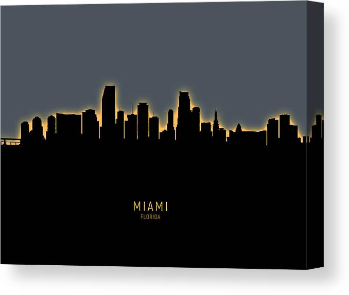 Miami Canvas Print featuring the digital art Miami Florida Skyline #21 by Michael Tompsett