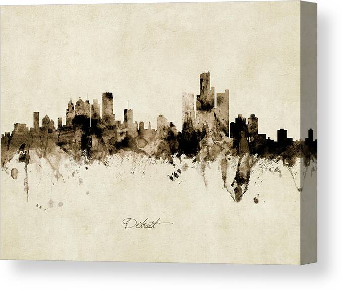 Detroit Canvas Print featuring the digital art Detroit Michigan Skyline #23 by Michael Tompsett
