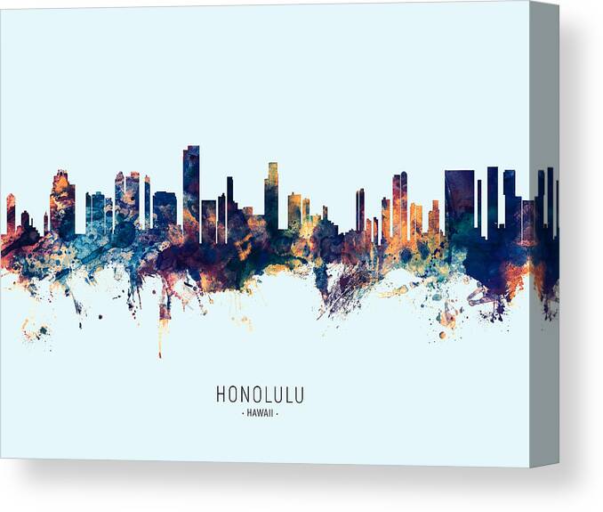 Honolulu Canvas Print featuring the digital art Honolulu Hawaii Skyline #29 by Michael Tompsett