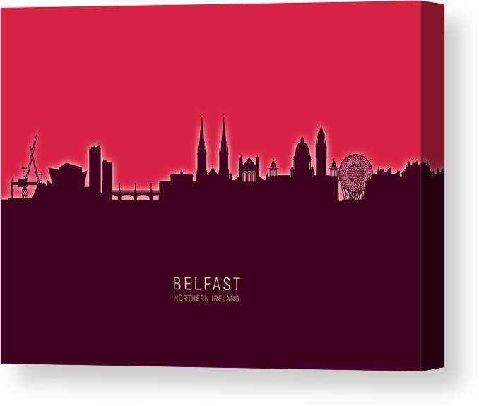 Belfast Canvas Print featuring the digital art Belfast Northern Ireland Skyline #41 by Michael Tompsett