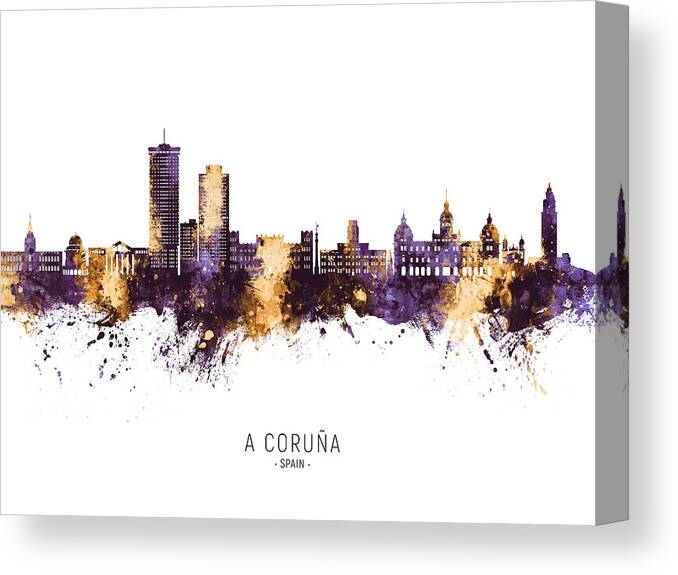 A Coruña Canvas Print featuring the digital art A Coruna Spain Skyline #68 by Michael Tompsett