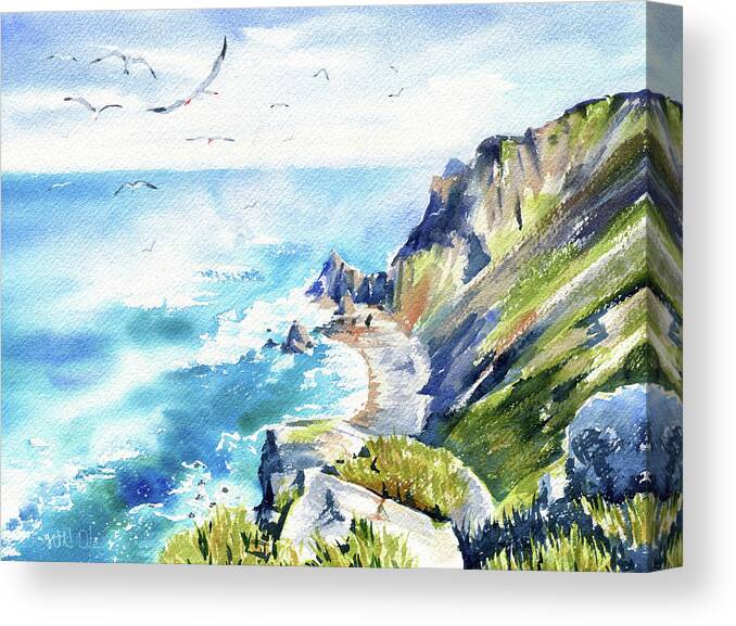 Portugal Canvas Print featuring the painting A Flock Of Seagulls At Cabo Da Roca Portugal by Dora Hathazi Mendes