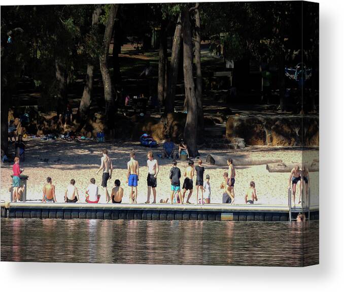  Canvas Print featuring the photograph A line of sun lovers on the banks of Lake Leschenaultia, Western by Jeremy Holton