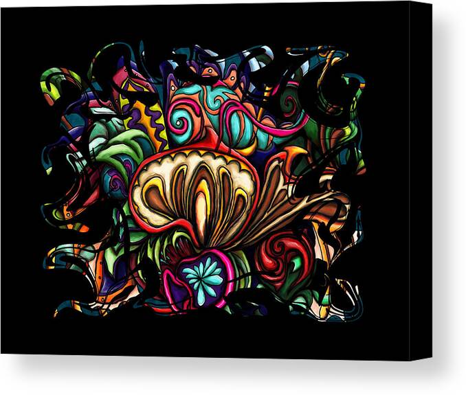 Mushroom Canvas Print featuring the painting Abstract chameleon on red mushrooms, swirly colorful by Nadia CHEVREL