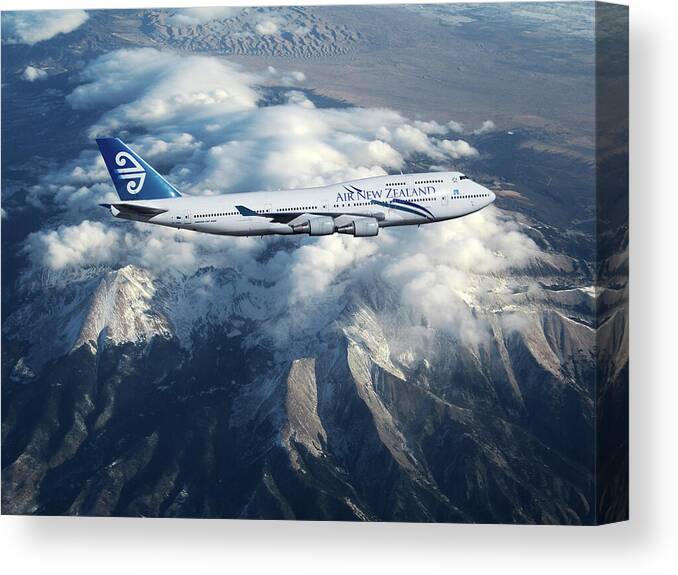 Air New Zealand Airlines Canvas Print featuring the mixed media Air New Zealand Boeing 747 by Erik Simonsen