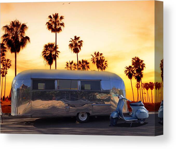 Sunset Canvas Print featuring the photograph Airstream trailer and Vespa Scooter at Sunset by Larry Butterworth
