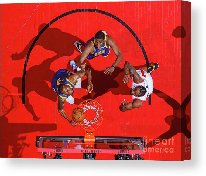 Andre Iguodala Canvas Print featuring the photograph Andre Iguodala, Kawhi Leonard, and Kevon Looney by Mark Blinch