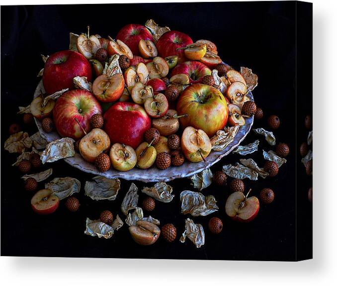Apples And Rose Petals Canvas Print featuring the photograph Apples and Rose Petals by Sarah Phillips
