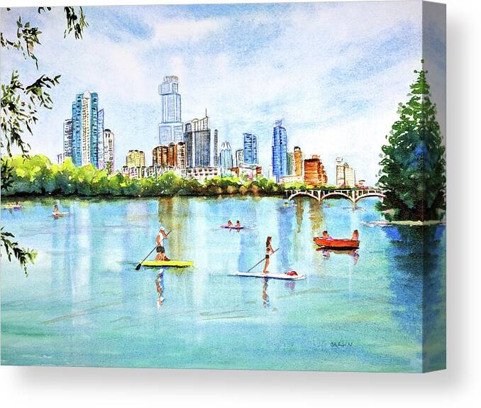 Austin Canvas Print featuring the painting Austin Texas Skyline from Lou Neff Point by Carlin Blahnik CarlinArtWatercolor