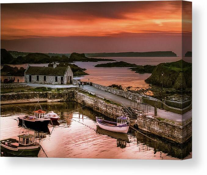 Ballintoy Sunset Canvas Print featuring the photograph Ballintoy Harbour Sunset by Alan Campbell