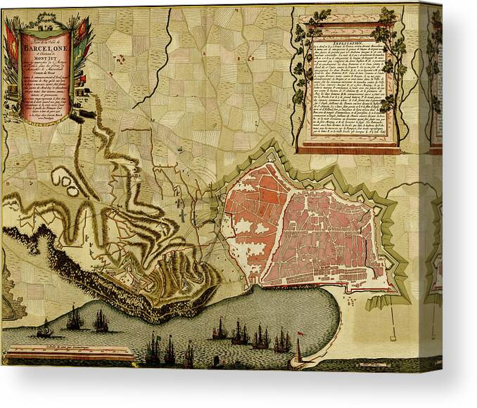 Maps Canvas Print featuring the drawing Barcelona Spain Defenses 1700 by Vintage Maps