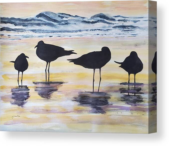 Birds Canvas Print featuring the painting Beach Birds at Sunset - Watercolor by Claudette Carlton