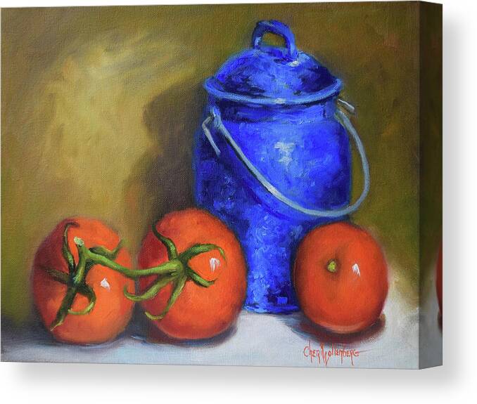 Blue Enamelware Canvas Print featuring the painting Blue Enamelware Container And Bright Red Garden Tomatoes by Cheri Wollenberg