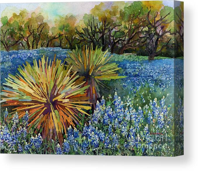 Cactus Canvas Print featuring the painting Bluebonnets and Yucca by Hailey E Herrera