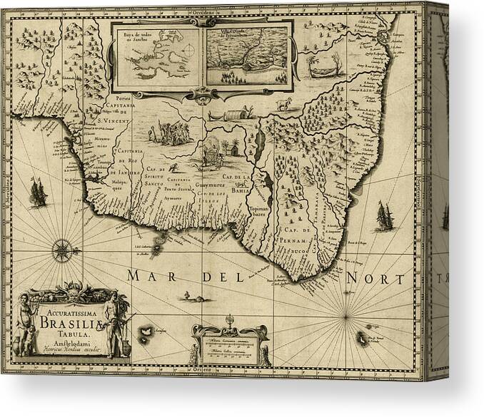 Map Canvas Print featuring the drawing Brazil 1630 by Vintage Maps