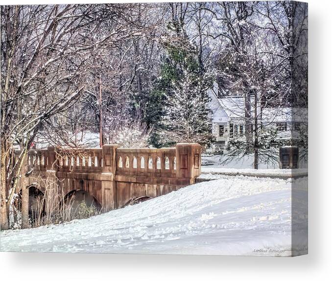 Winter Landscape Canvas Print featuring the photograph Bridge At Lake Daniel Park Winter by Melissa Bittinger