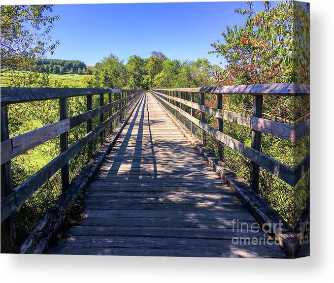 Wooden Bridge Canvas Print featuring the photograph Bridge Walk at The New River Trail State Park by Kerri Farley