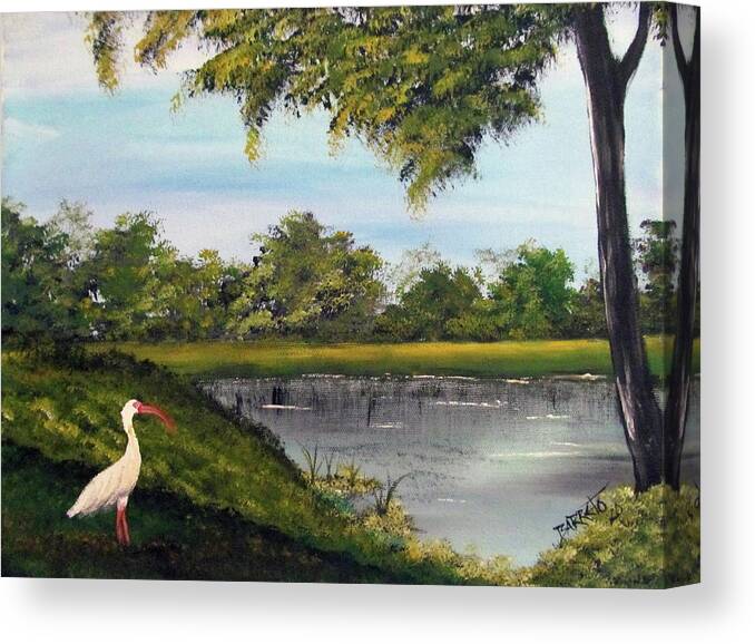 Crane Canvas Print featuring the painting By The Water by Gloria E Barreto-Rodriguez