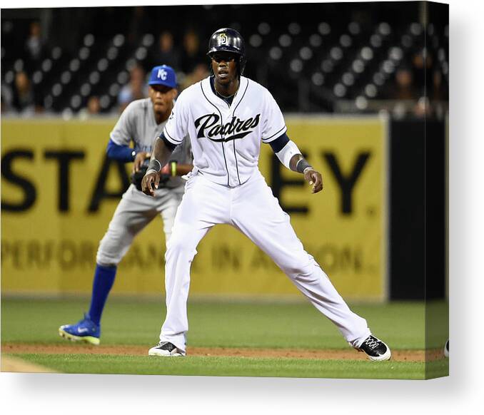 Second Inning Canvas Print featuring the photograph Cameron Maybin and Alcides Escobar by Denis Poroy