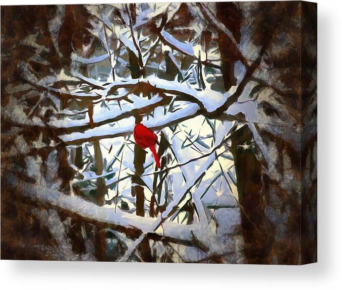 Cardinal Canvas Print featuring the mixed media Cardinal in the Snowy Trees by Christopher Reed
