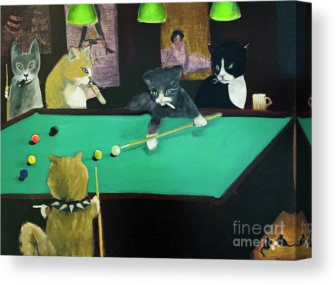 Cats Canvas Print featuring the painting Cats Playing Pool by Gail Eisenfeld