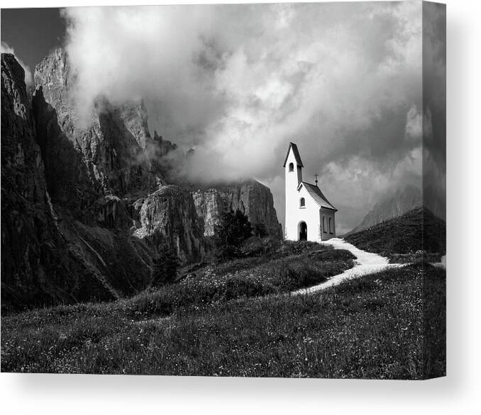Chapel Canvas Print featuring the photograph Chapel on the Passo Gardena, Dolomitres, Italy by Sarah Howard
