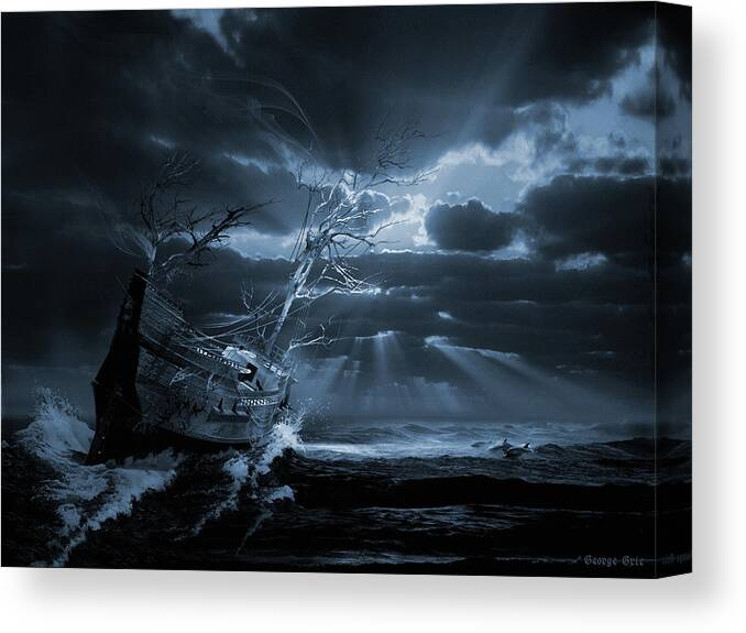 Ghost Ships Phantom Boat Supernatural Isolation Canvas Print featuring the digital art Chasing the light Ghost ship series by George Grie