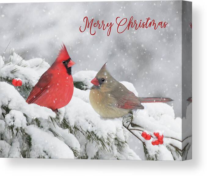Cardinal Canvas Print featuring the mixed media Christmas Cardinals by Lori Deiter