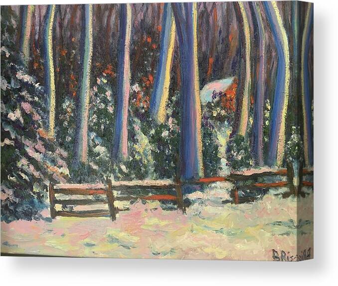 Snow Trees Winter Canvas Print featuring the painting Cottage in the Woods by Beth Riso