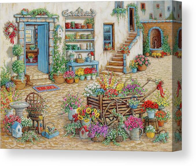 Traditional Decorative Art Canvas Print featuring the painting Courtyard Flower Shoppe by Janet Kruskamp