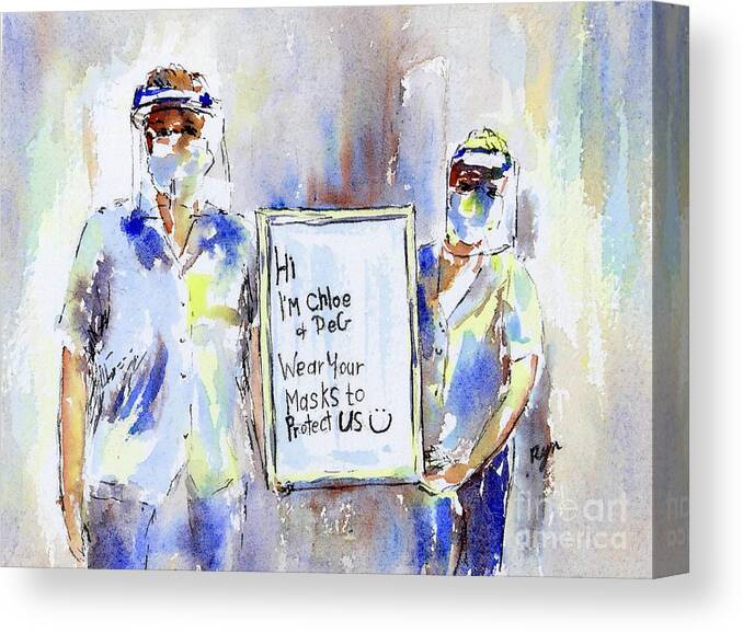 Pen And Ink Canvas Print featuring the painting COVID 19 Health Care Workers Clear Face Shields Pen Watercolour Wash by Ryn Shell