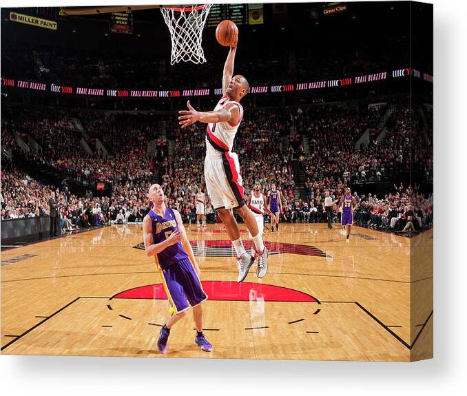 Nba Pro Basketball Canvas Print featuring the photograph Damian Lillard and Steve Blake by Sam Forencich